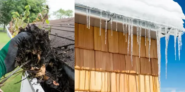 Split image: On the left, a gloved hand removes leaves and debris from a house gutter during an inspection. On the right, icicles hang from a snow-covered roof gutter above wooden siding.