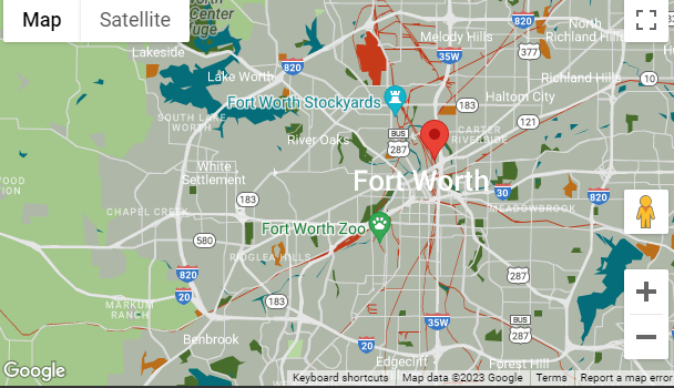 Map showing Fort Worth, Texas, with a red marker indicating a specific location under investigation. Nearby highways include I-35W, I-30, and I-20. Notable landmarks like Fort Worth Stockyards and Fort Worth Zoo are labeled. Green areas indicate parks and natural spaces.