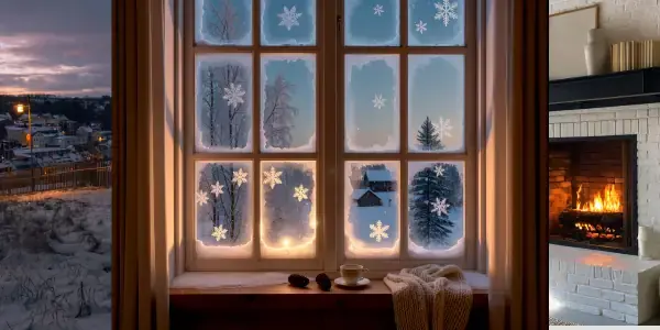 A cozy room with a lit fireplace and a window decorated with snowflakes overlooks a snowy landscape at dusk. A mug and knit blanket sit on the windowsill, creating the perfect spot for relaxing after testing recipes or inspection for mold.