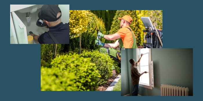 Collage of three images: a plumber conducting an assessment while fixing a pipe under a sink, a gardener trimming a hedge, and a person adjusting blinds on a window in a green room.