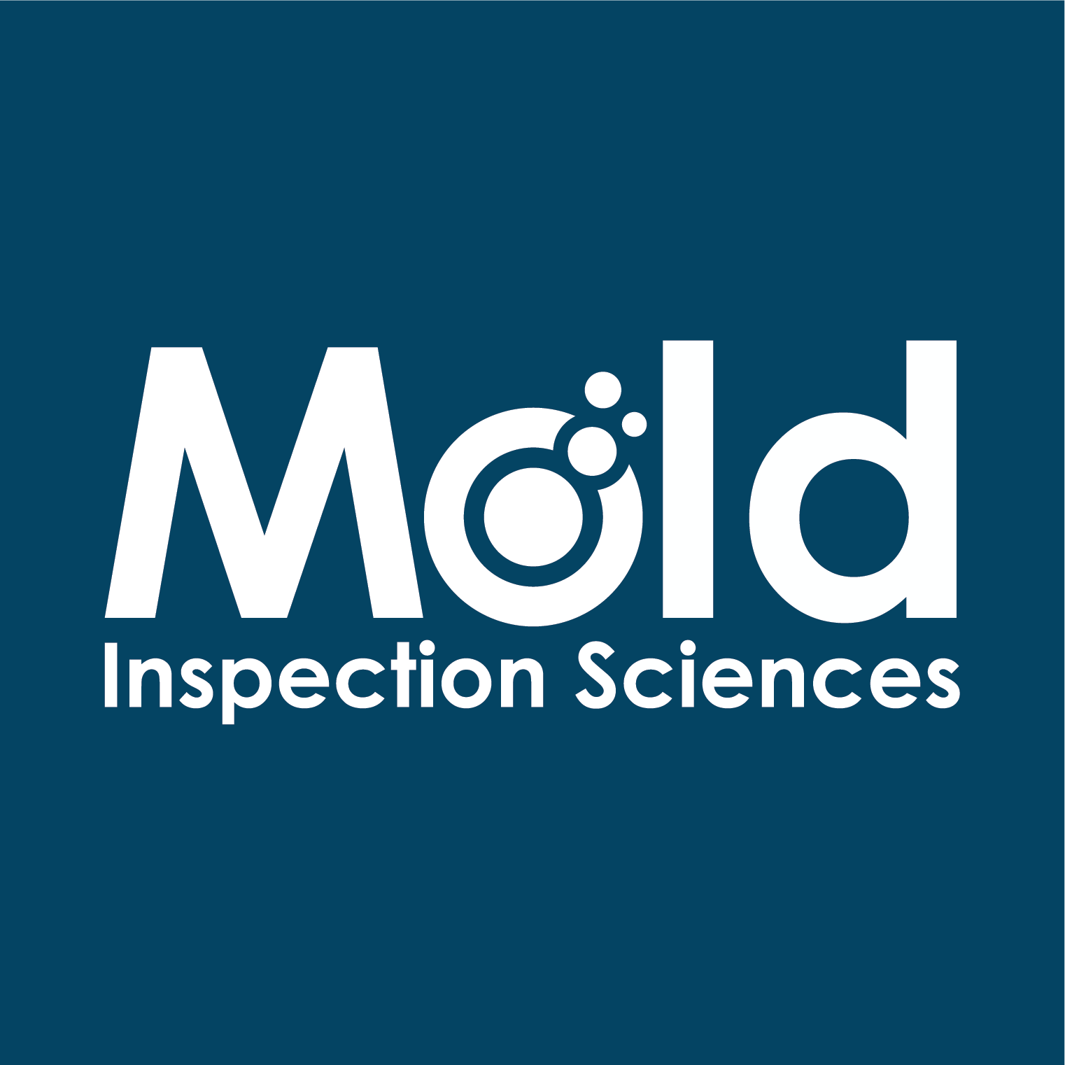 Logo of Mold Inspection Sciences. The word "Mold" is in large white text with a stylized "o," featuring three circular bubbles symbolizing mold spores. Below, "Inspection Sciences" is written in smaller white text. This design emphasizes the thorough assessment they provide, set against a dark blue background.